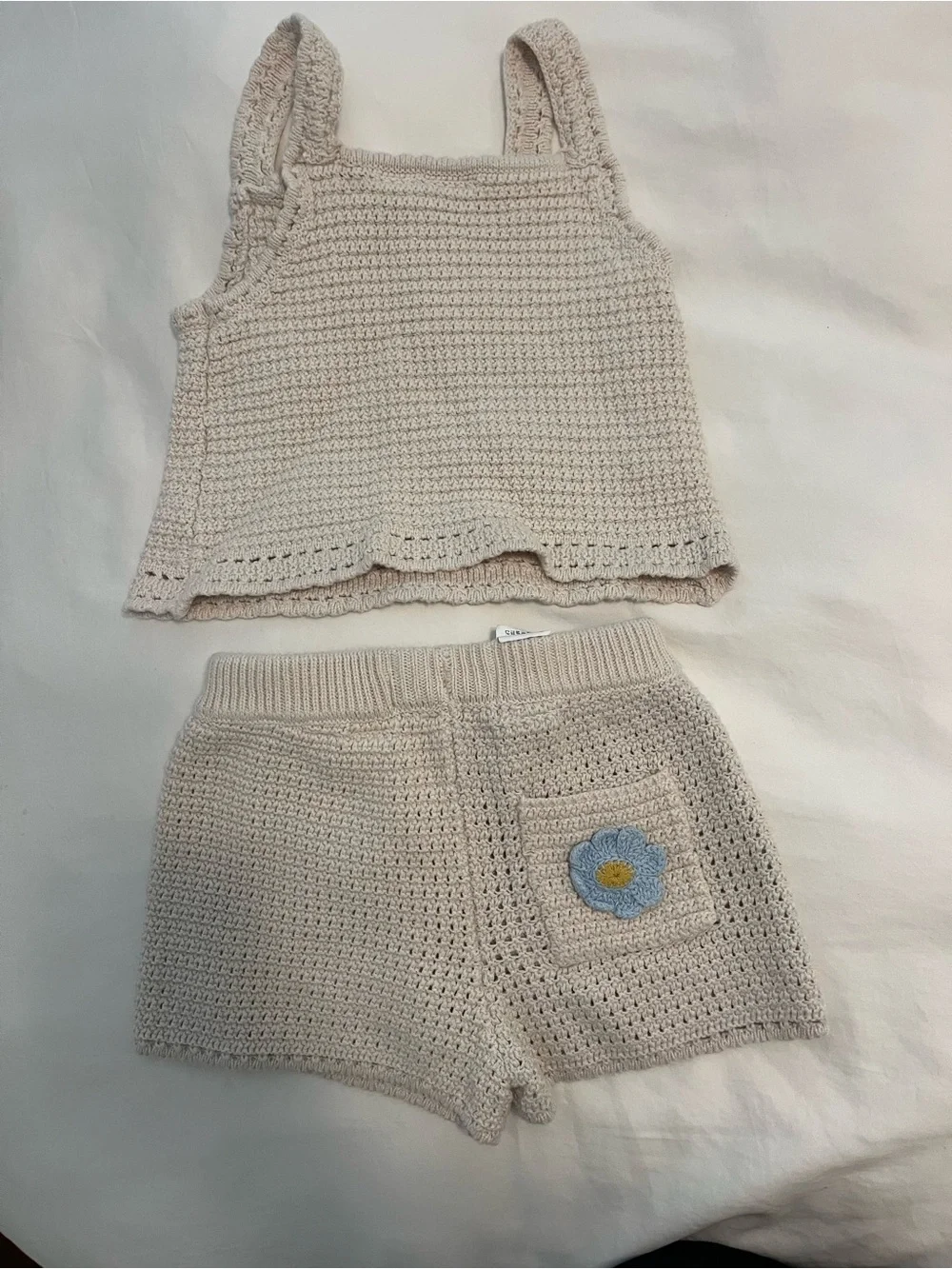Zara Cream Crochet Tank & Shorts Set with Colorful Flower Appliqués
